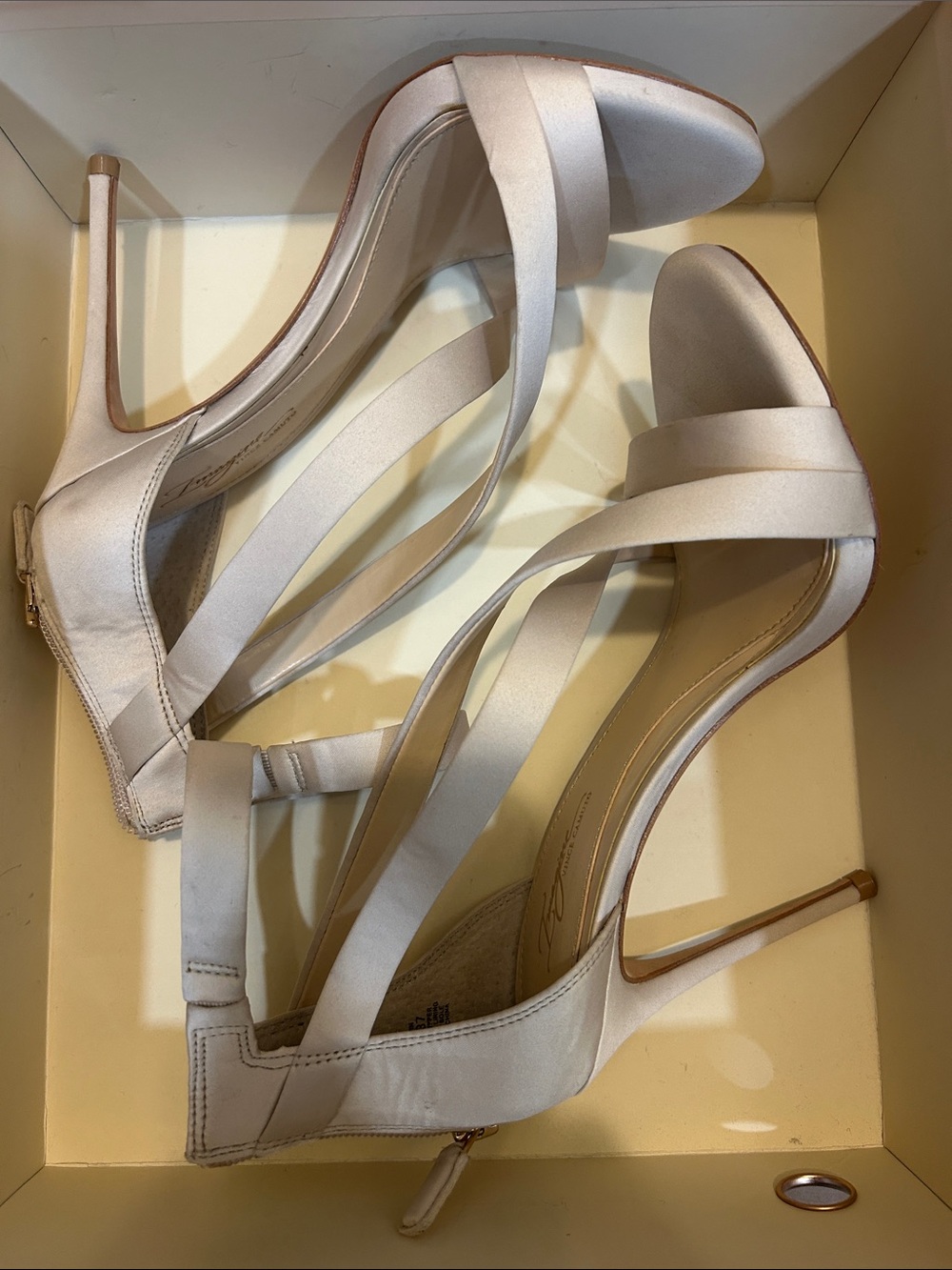 Vince Camuto Devyn Strappy Ankle-Wrap Heels in Light Beige Satin